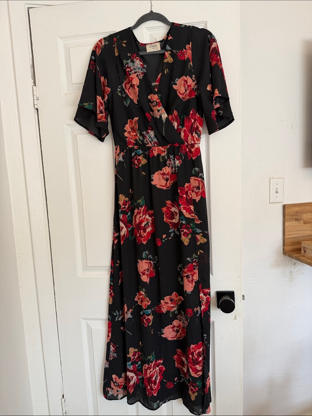 Everly Black Floral Wrap Maxi Dress with Red and Coral Blooms